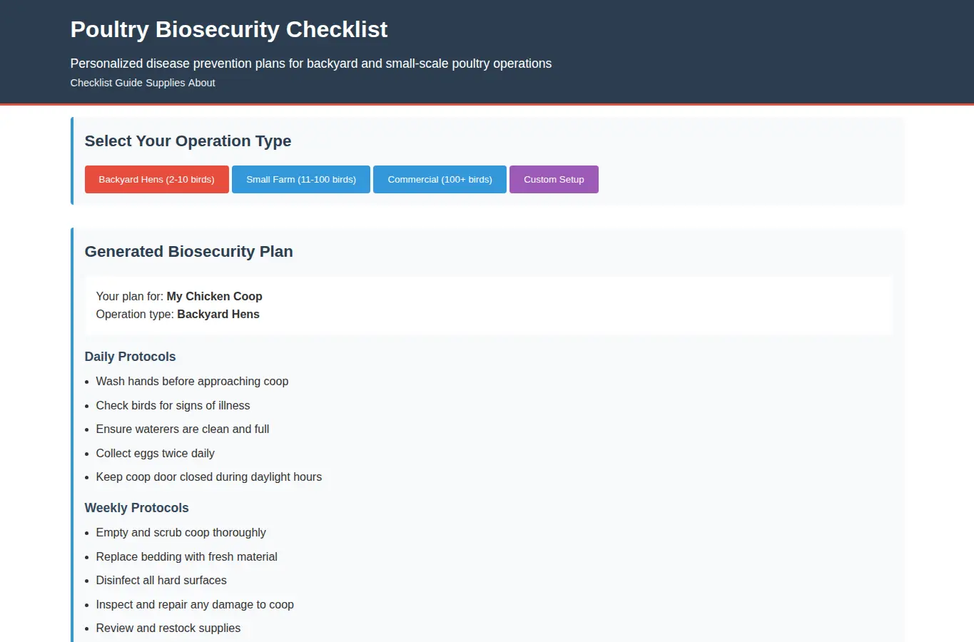 Screenshot of Poultry Biosecurity Checklist interface showing the project page in use